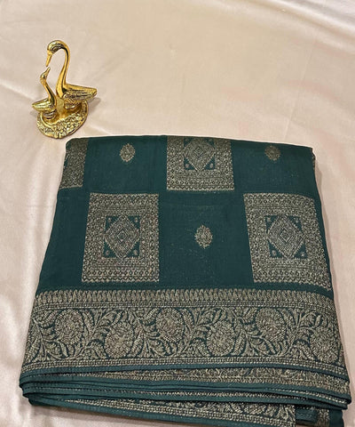 Matka Tussar silk Emerald Green Shade with Gold Zari Border | Glow & Glitter Boutique