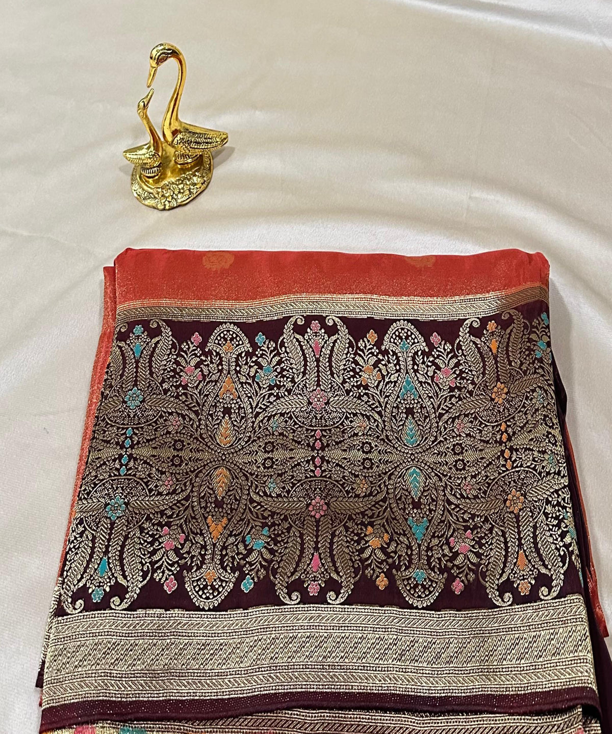 Mashru silk Rust Orange with coco brown border | Glow & Glitter Boutique