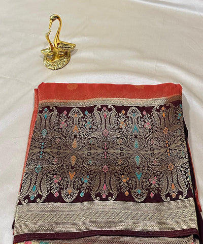 Mashru silk Rust Orange with coco brown border | Glow & Glitter Boutique