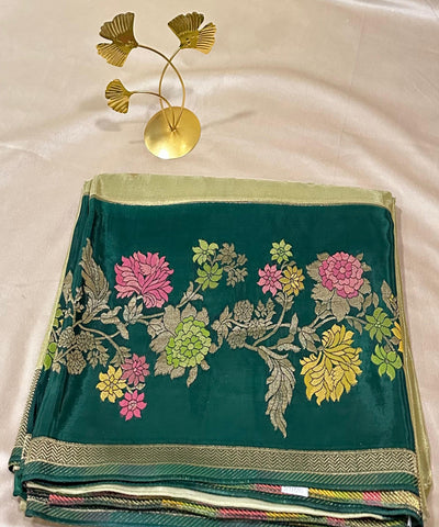 Mashru silk saree Pastel Pista Green & Emerald Green Border | Glow & Glitter Boutique