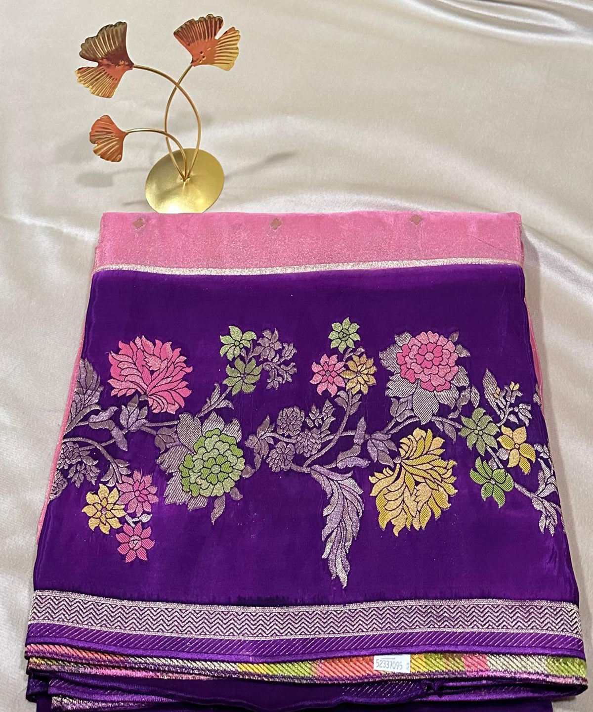 Mashru silk saree Pastel Pink with Dark Purple Floral Border | Glow & Glitter Boutique