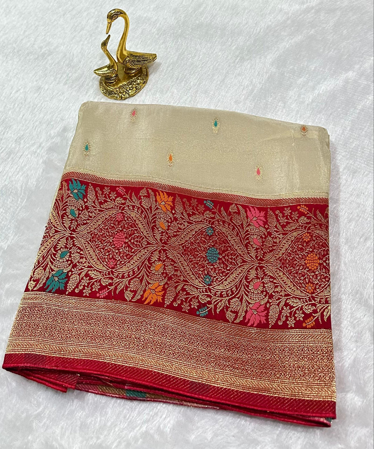 Mashru silk saree Ivory Gold Tissue with Red Border | Glow & Glitter Boutique