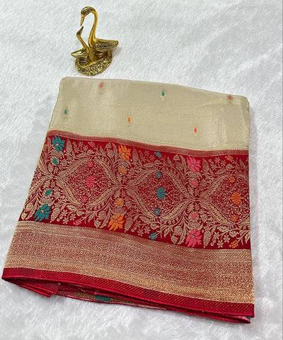 Mashru silk saree Ivory Gold Tissue with Red Border | Glow & Glitter Boutique