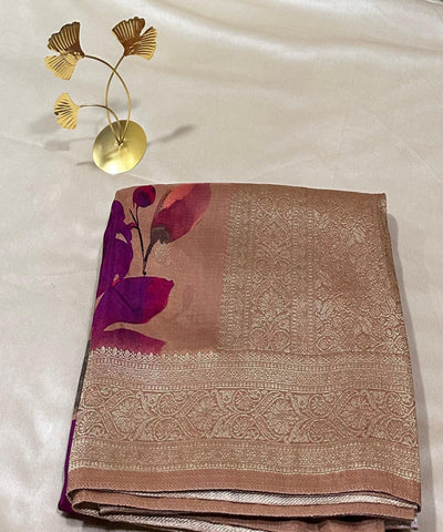 Banaras digital silk saree Dark Chikoo Shade With Gold Zari Border | Glow & Glitter Boutique
