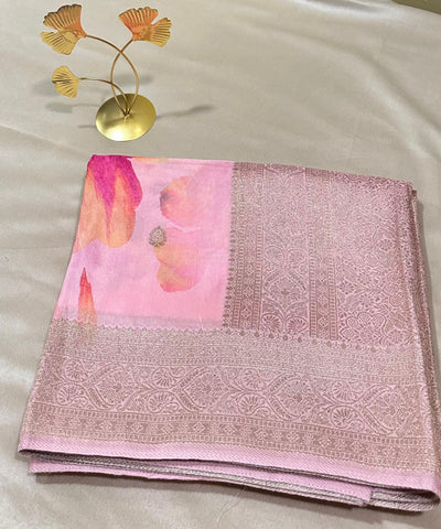 Banaras digital silk saree Pastel Blush Pink with Gold Zari Border | Glow & Glitter Boutique