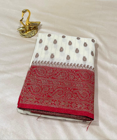 Banaras silk saree Ivory White & Rich Red Gold Zari Border | Glow & Glitter Boutique