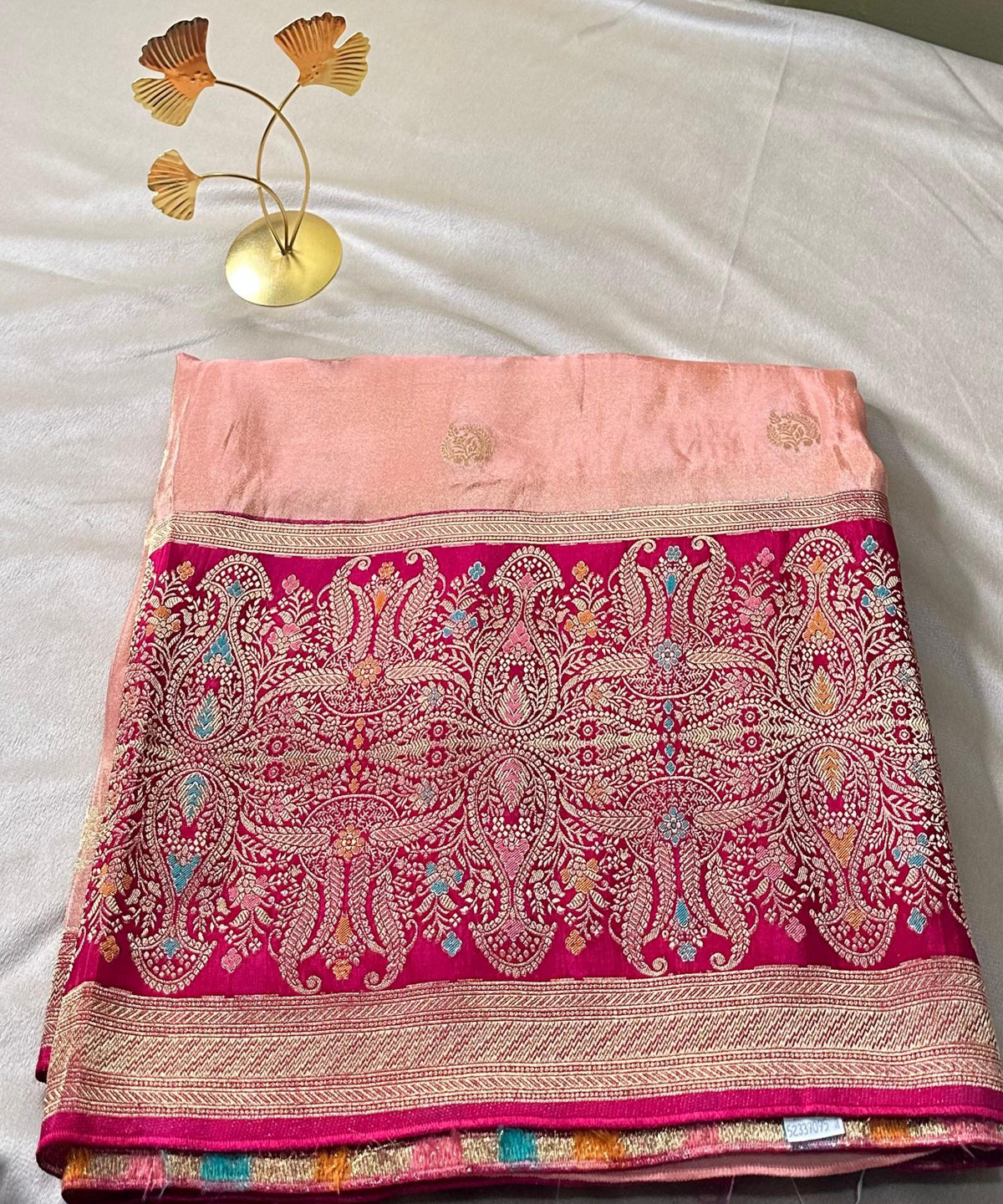 Mashru silk saree Pastel Peach Pink with Magenta Floral Border | Glow & Glitter Boutique