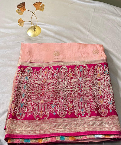 Mashru silk saree Pastel Peach Pink with Magenta Floral Border | Glow & Glitter Boutique