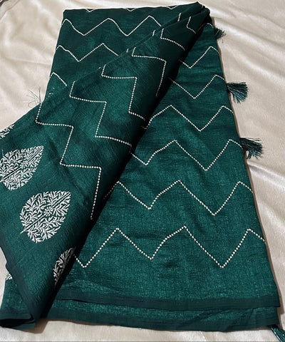Fancy Silk Saree Emerald Green Shade with Tissue Blouse | Glow & Glitter Boutique