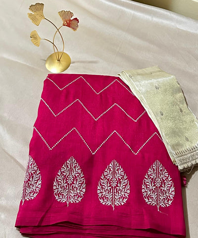 Fancy Silk Saree Dark Meganta pink Shade with Tissue Blouse | Glow & Glitter Boutique