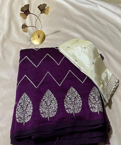 Fancy Silk Saree Deep Purple Shade with Tissue Blouse | Glow & Glitter Boutique