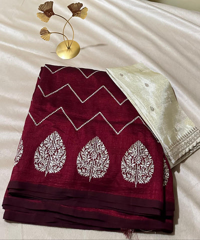 Fancy Silk Saree Wine Maroon Shade with Tissue Blouse | Glow & Glitter Boutique