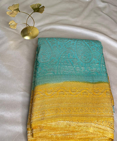 Banaras Georgette silk with blouse Pista Green with Gold Yellow Zari Border | Glow & Glitter Boutique