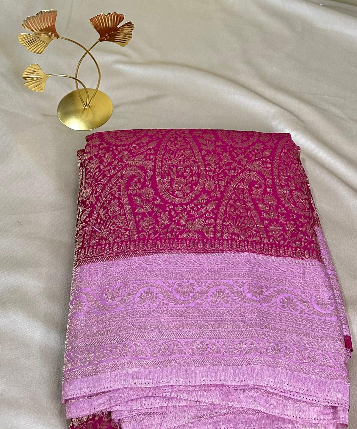 Banaras Georgette silk with blouse Magenta Pink & Lavender Zari Border | Glow & Glitter Boutique