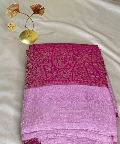 Banaras Georgette silk with blouse Magenta Pink & Lavender Zari Border | Glow & Glitter Boutique