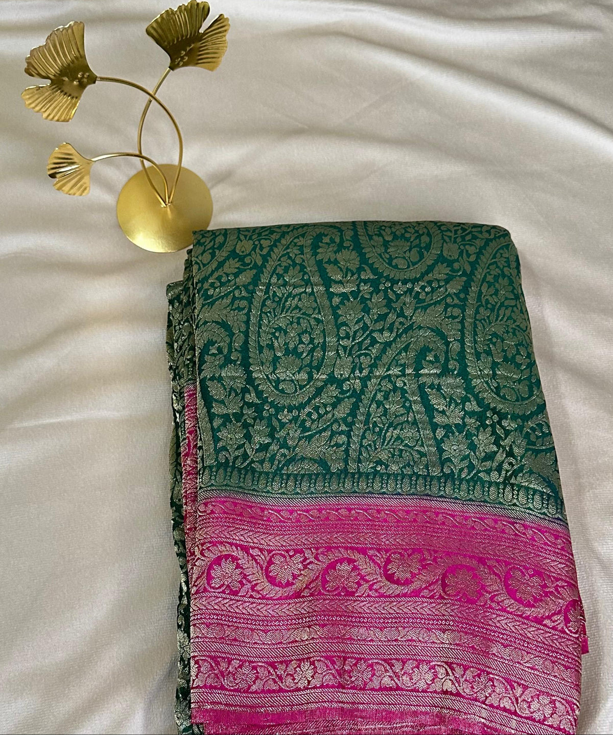 Banaras Georgette silk with blouse Dark Bottle Green with Pink Zari Border | Glow & Glitter Boutique