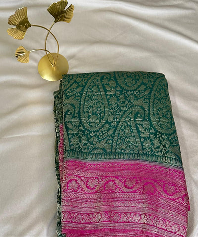 Banaras Georgette silk with blouse Dark Bottle Green with Pink Zari Border | Glow & Glitter Boutique