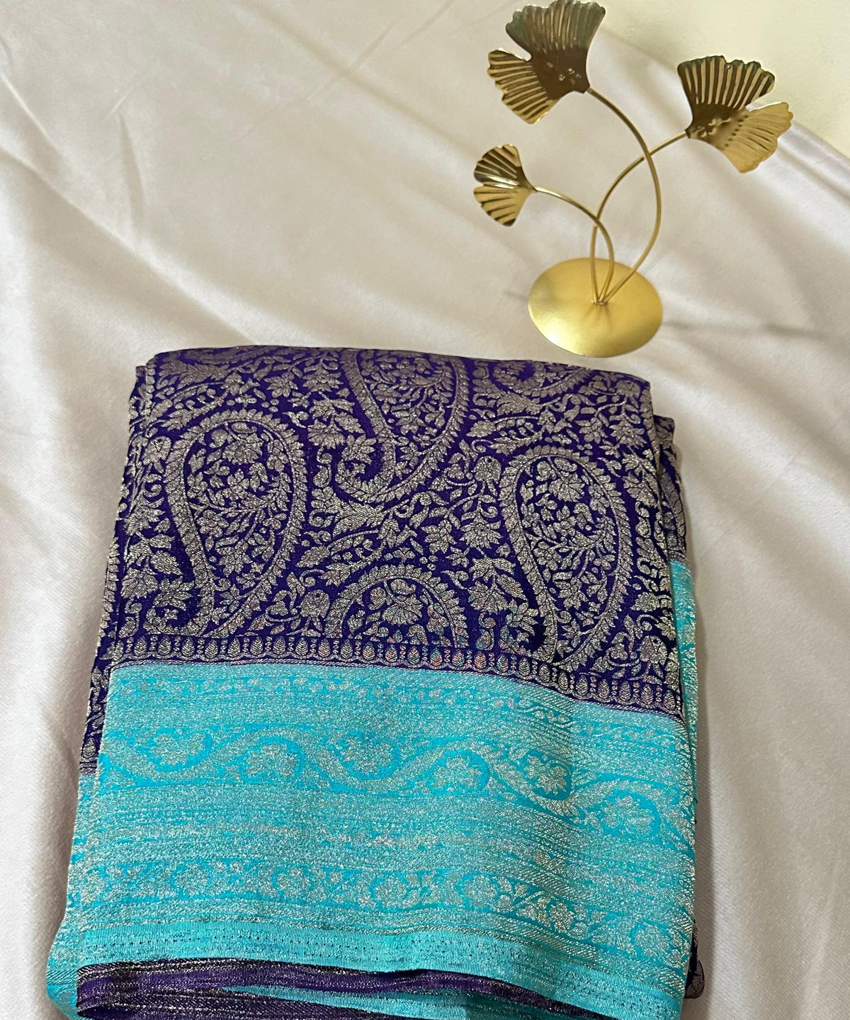 Banaras Georgette silk with blouse Deep Purple & Aqua Blue Zari Border | Glow & Glitter Boutique