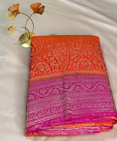 Banaras Georgette silk with blouse Orange Shade with Pink Border | Glow & Glitter Boutique