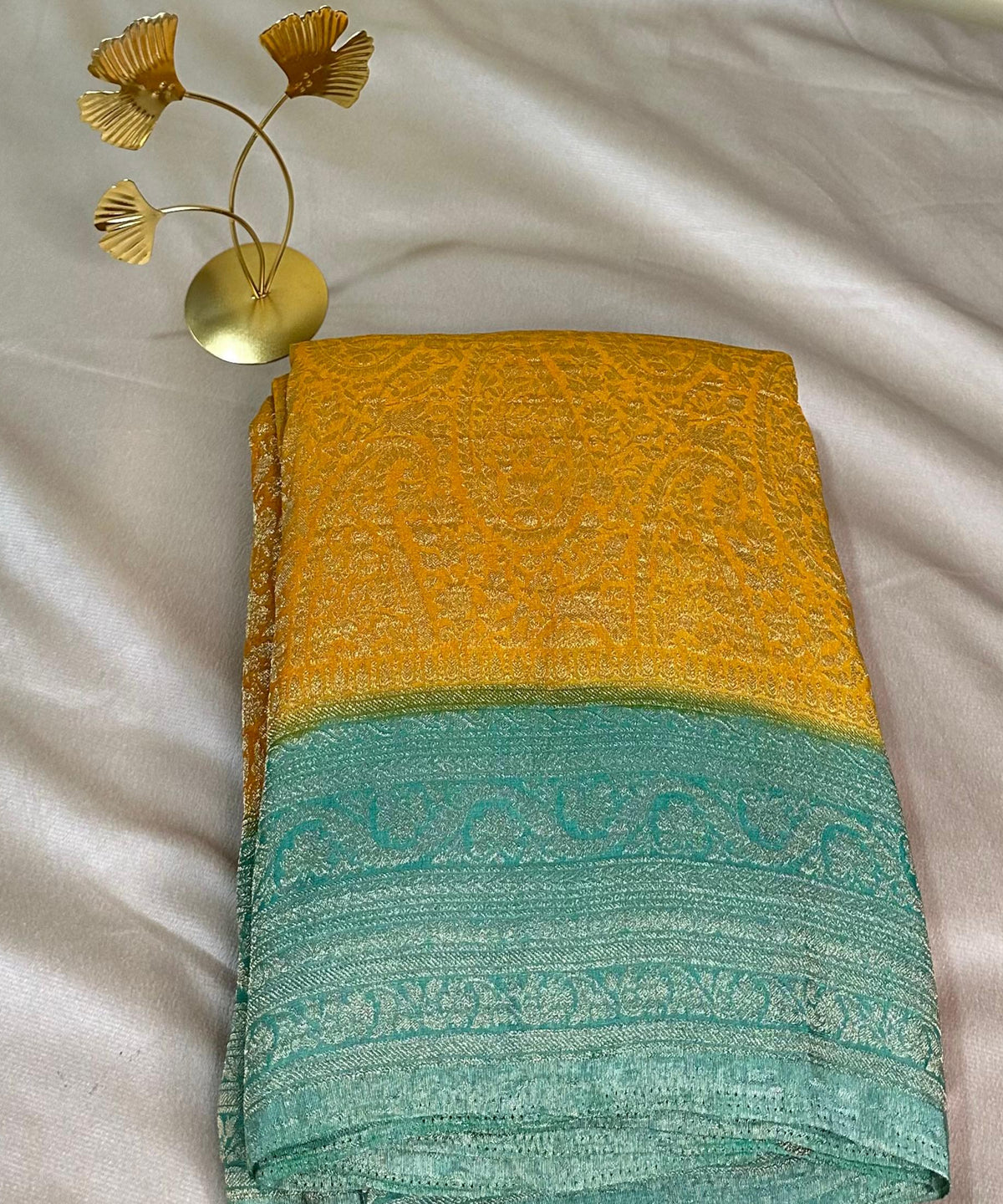 Banaras Georgette silk with blouse Golden Yellow & Ice Blue Border | Glow & Glitter Boutique