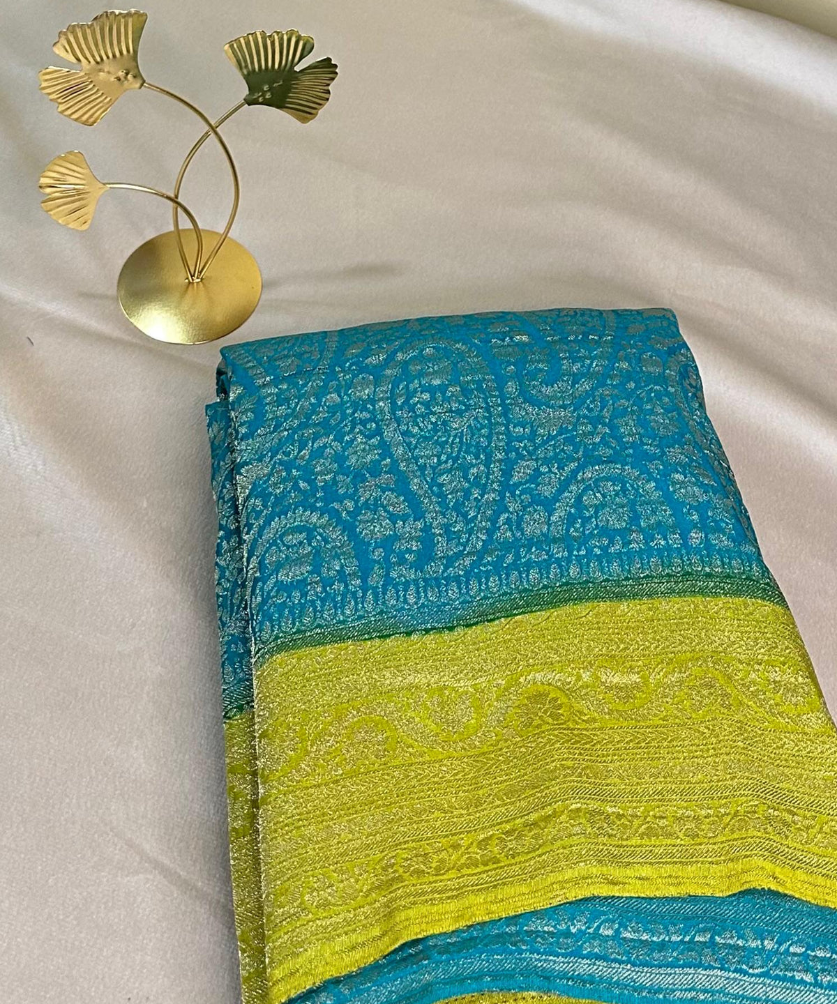 Banaras Georgette silk with blouse Teal Blue & Lime Green | Glow & Glitter Boutique