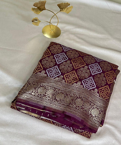 Banaras silk saree Deep Wine with Antique Gold Zari Border | Glow & Glitter Boutique
