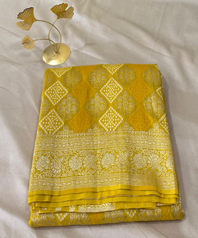 Banaras silk saree Golden yellow shade with Antique Gold Zari Border | Glow & Glitter Boutique