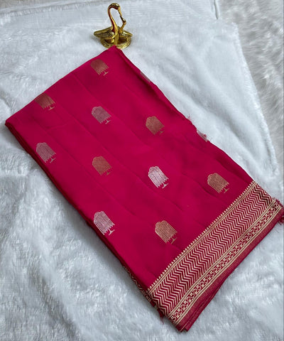Mashru satin silk Deep Magenta Pink With Antique Gold Border | Glow & Glitter Boutique