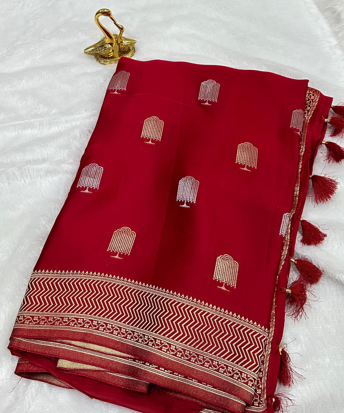 Mashru satin silk Ruby Red With Gold Zari Border | Glow & Glitter Boutique