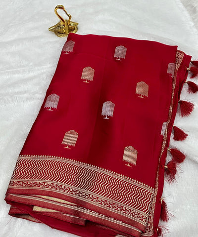 Mashru satin silk Ruby Red With Gold Zari Border | Glow & Glitter Boutique