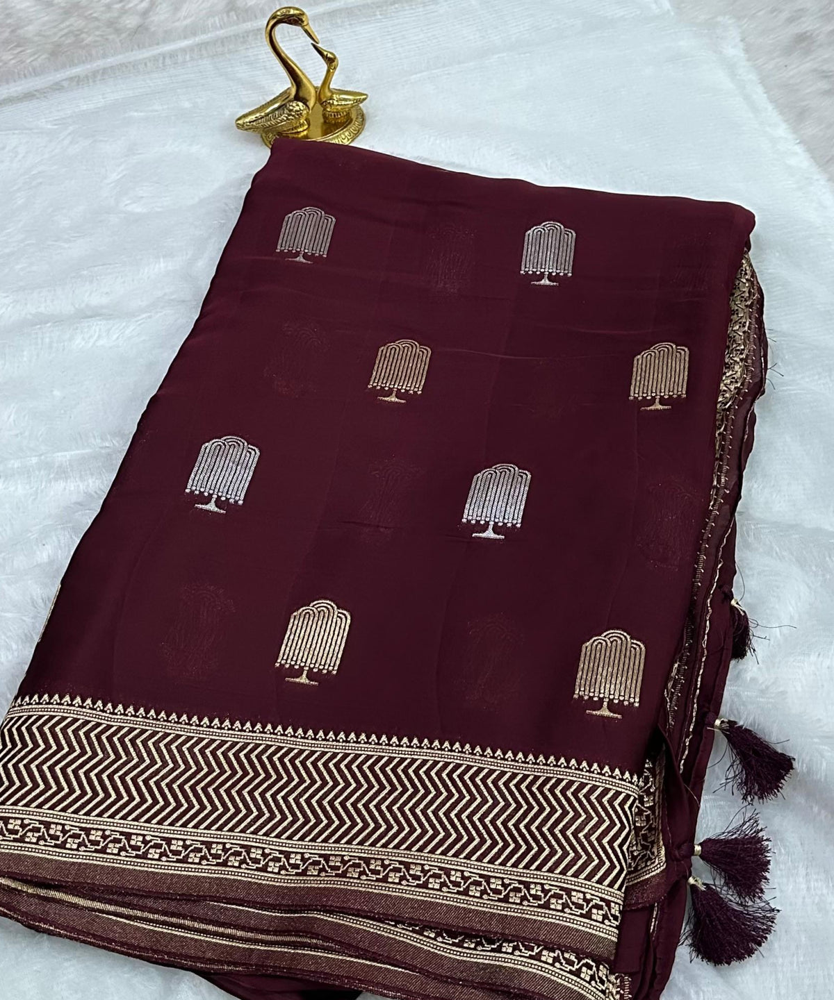 Mashru satin silk Deep Wine Maroon With Antique Gold Border | Glow & Glitter Boutique