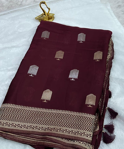 Mashru satin silk Deep Wine Maroon With Antique Gold Border | Glow & Glitter Boutique