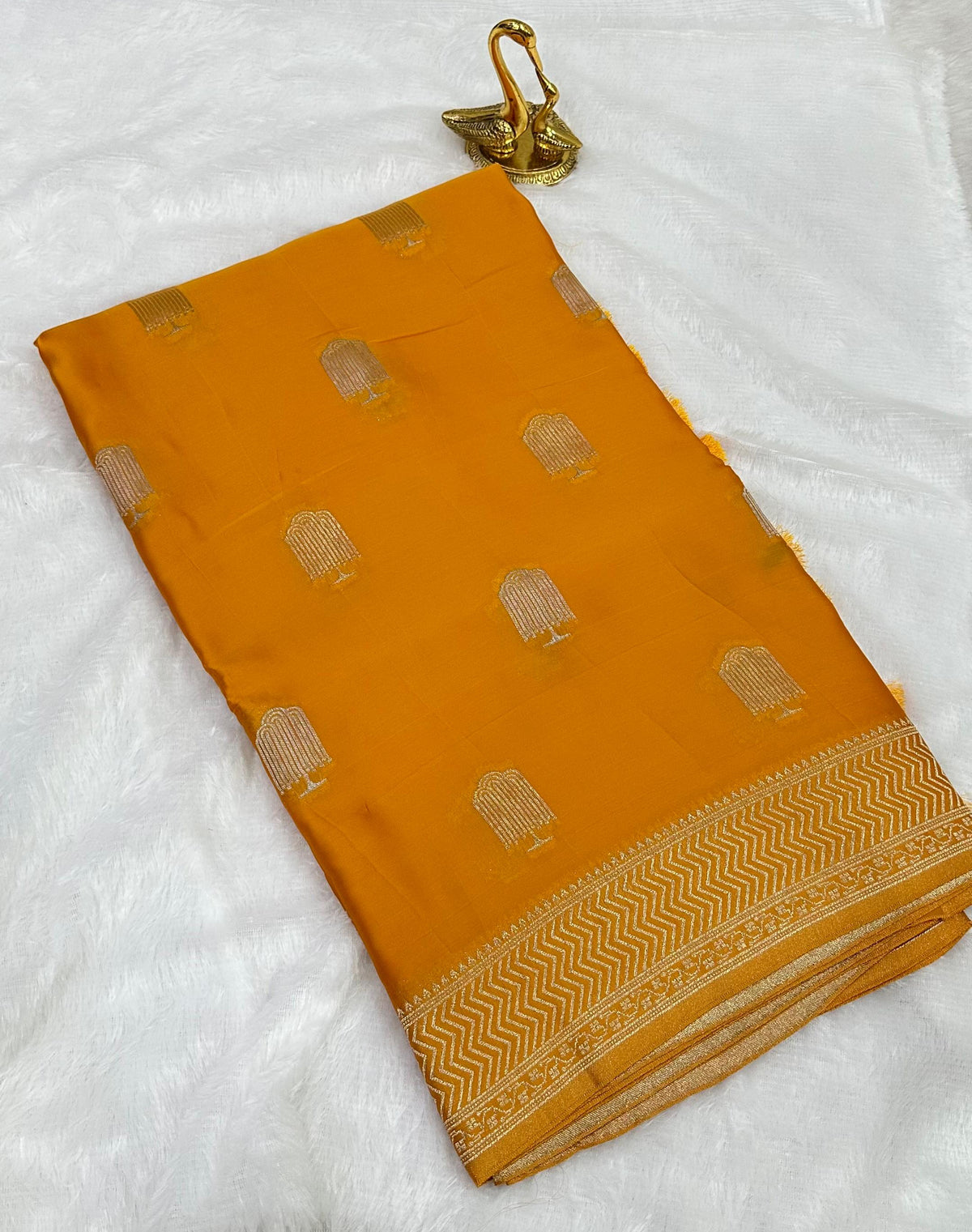 Mashru satin silk Mustard Yellow With Antique Gold Border | Glow & Glitter Boutique