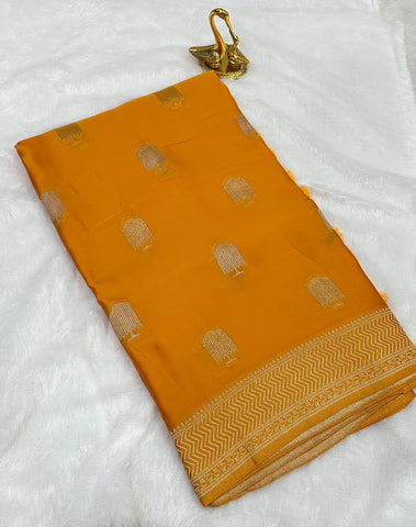 Mashru satin silk Mustard Yellow With Antique Gold Border | Glow & Glitter Boutique