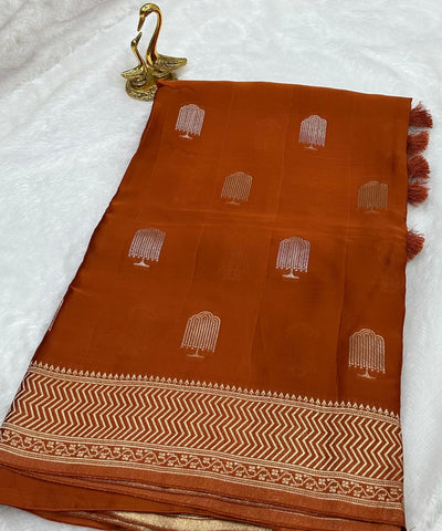 Mashru satin silk Burnt Orange Brown With Antique Gold Border | Glow & Glitter Boutique