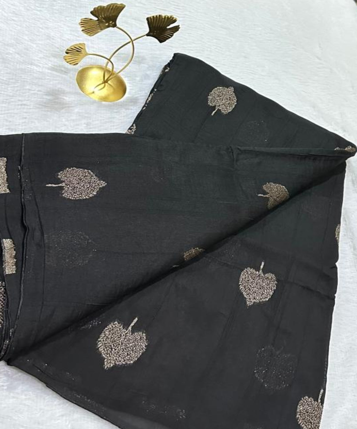 Tussar Silk Saree Jet Black Shade With Border Less | Glow & Glitter Boutique