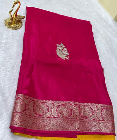 Premium Dola Crepe Silk with Hand Work Rani Pink With Gold Zari | Glow & Glitter Boutique