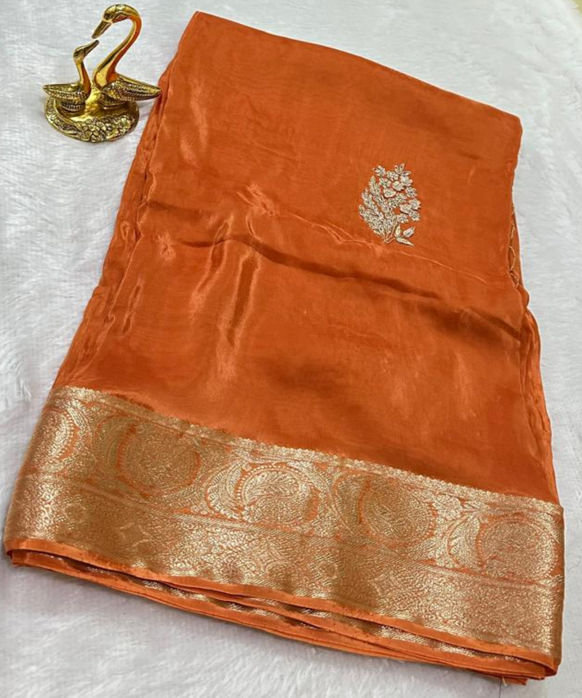 Premium Dola Crepe Silk with Hand Work Rust Orange With Gold Zari | Glow & Glitter Boutique