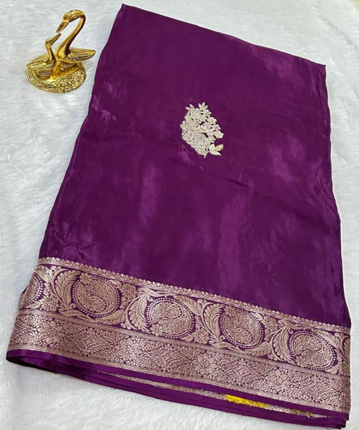 Premium Dola Crepe Silk with Hand Work Plum Purple With Gold Zari | Glow & Glitter Boutique