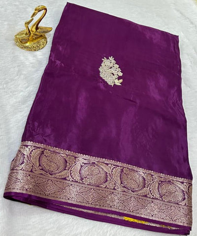 Premium Dola Crepe Silk with Hand Work Plum Purple With Gold Zari | Glow & Glitter Boutique