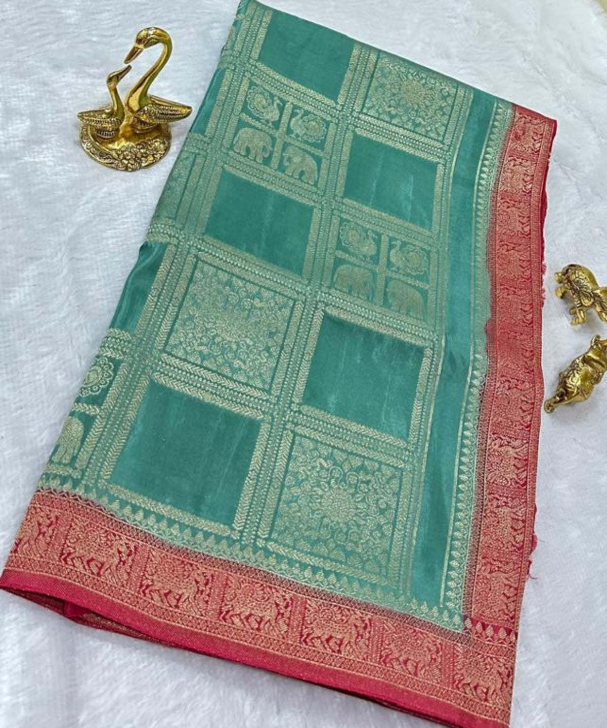 Viscose silk saree Teal Green Brick Red with Antique Gold Zari Border | Glow & Glitter boutique