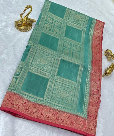 Viscose silk saree Teal Green Brick Red with Antique Gold Zari Border | Glow & Glitter boutique