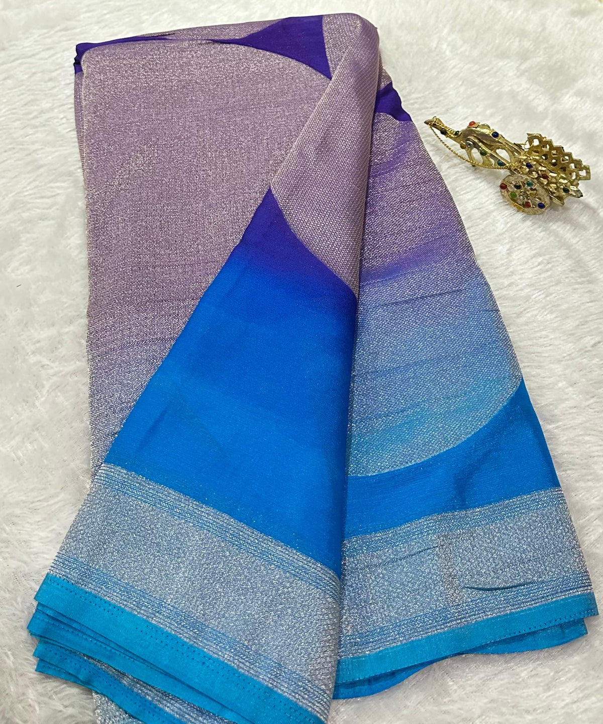 Banaras georgette silk saree Lavender Purple & Royal Blue Shade | Glow & Glitter Boutique