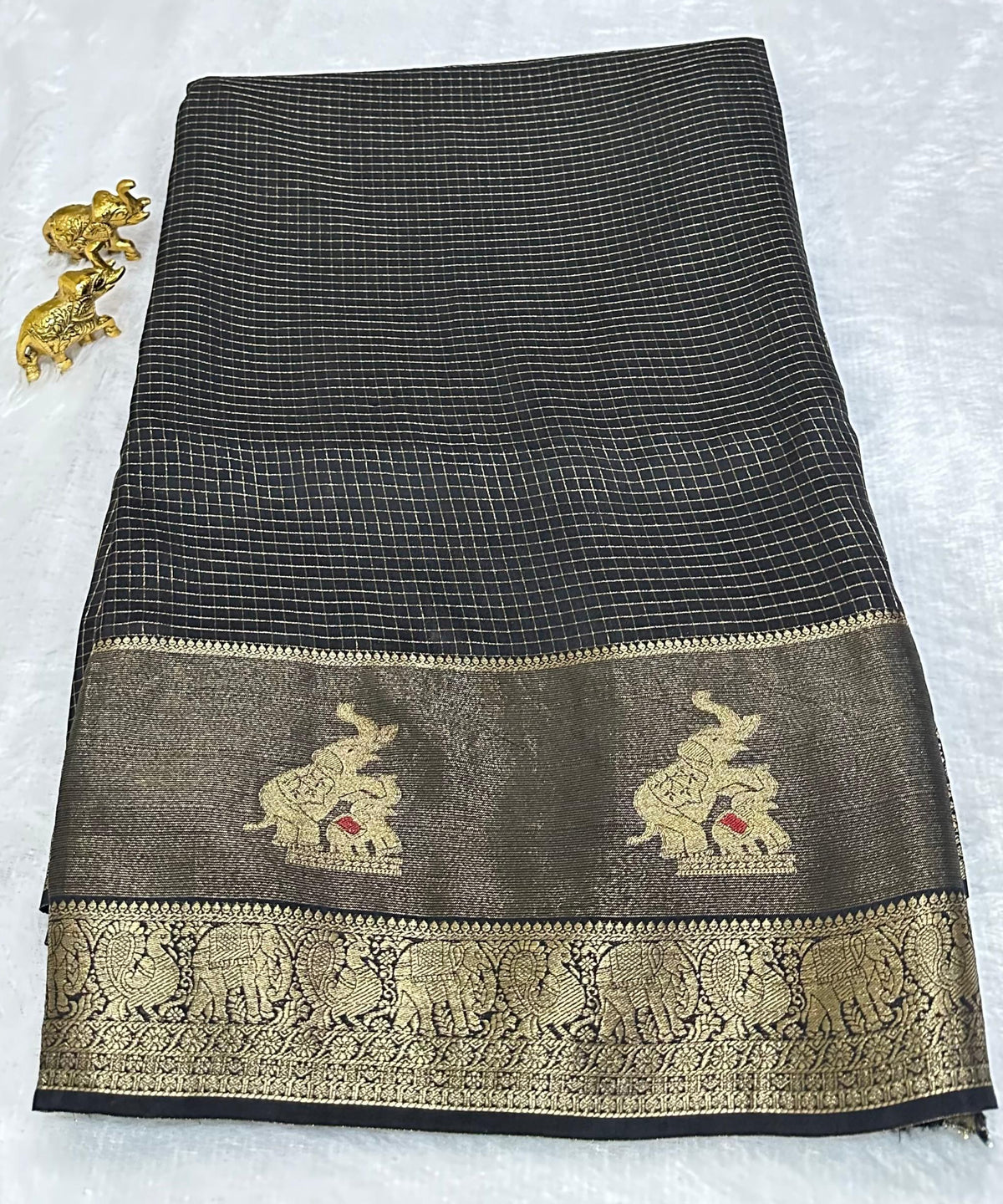 Viscose silk saree Jet Black with Gold Checkered Weave & Antique Gold Zari Border | Glow & Glitter Boutique