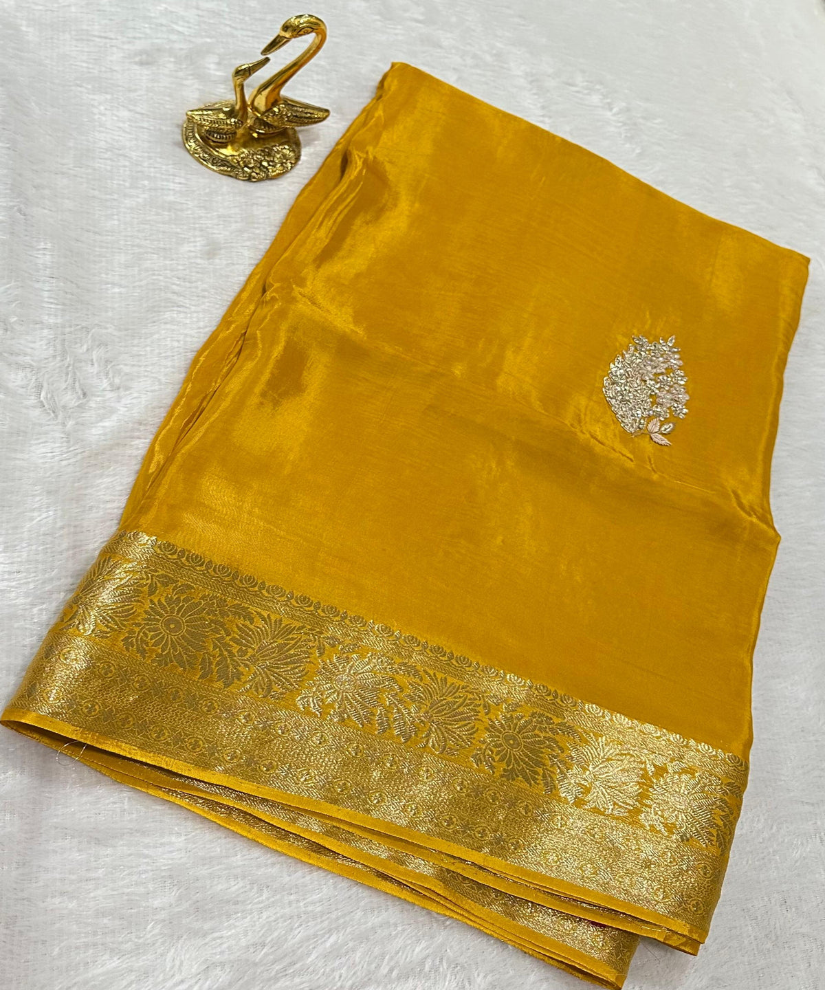 Premium Dola Crepe With Hand Work Golen Yellow Shade With Gold Zari | Glow & Glitter Boutique