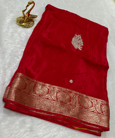 Premium Dola Crepe Silk with Hand Work Blood Red Shade With Gold Zari | Glow & Glitter Boutique