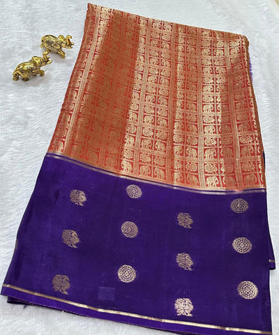 Vintage style viscose silk saree Maroonish Copper Red Shade With Purple Bentex Border | Glow & Glitter Boutique