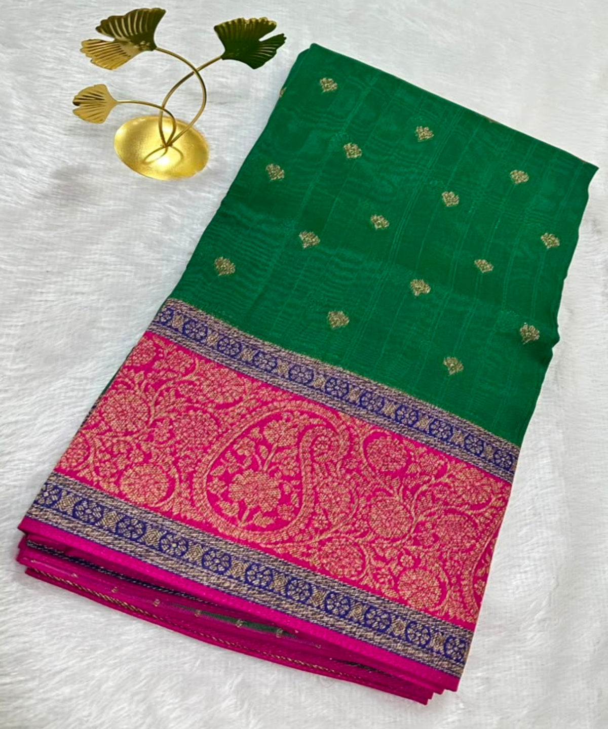 Tussar 3D Colors Bottle Green With Fuchsia Pink & Royal Purple Gold Border | Glow & Glitter Boutique