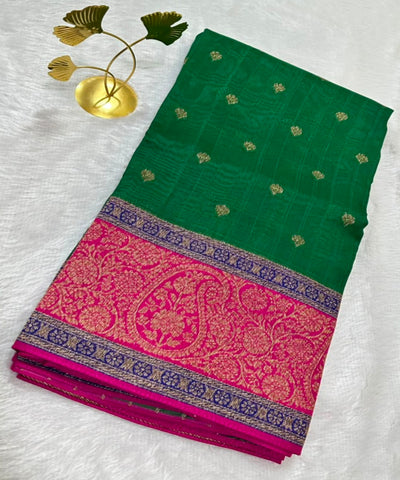Tussar 3D Colors Bottle Green With Fuchsia Pink & Royal Purple Gold Border | Glow & Glitter Boutique