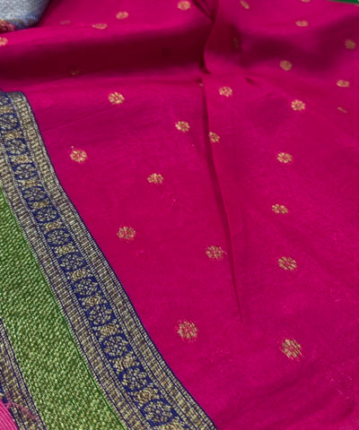 Tussar 3D Colors Bottle Green With Fuchsia Pink & Royal Purple Gold Border | Glow & Glitter Boutique